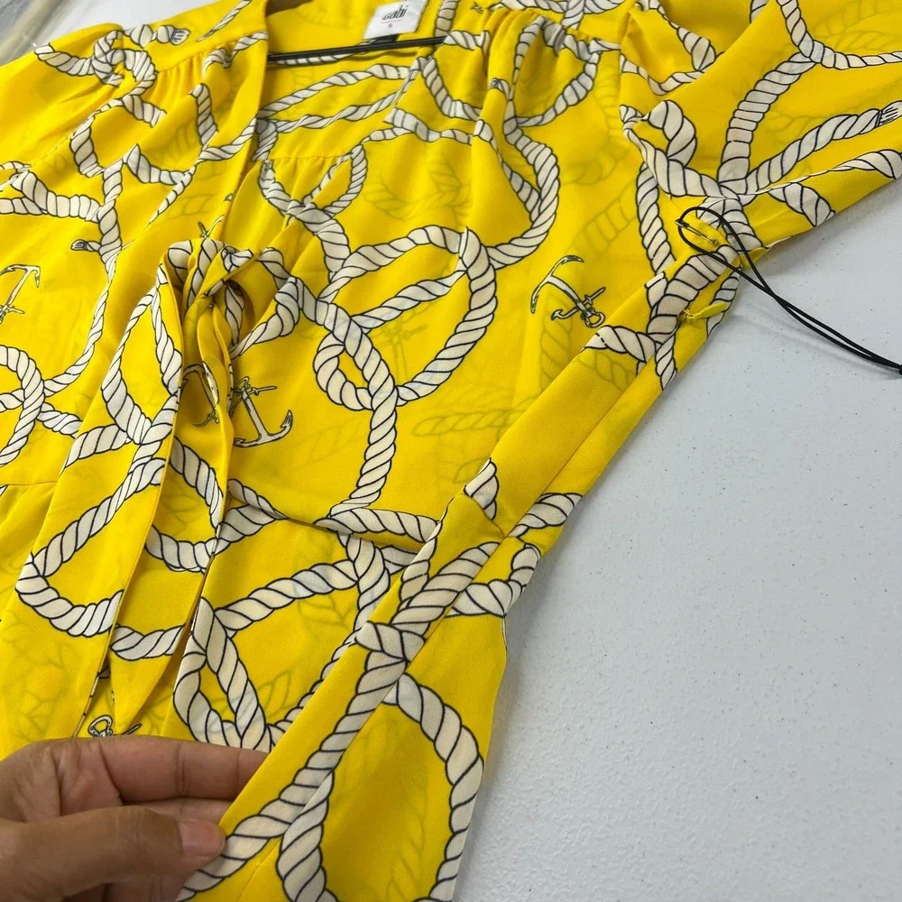 Cabi Reef Knot Blouse Womens Small Yellow Nautical Rope Anchor V Neck Pleated - Picture 12 of 16